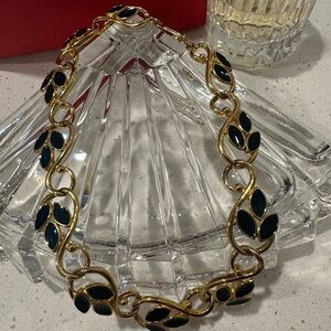 Vintage Trifari Statement Necklace Green Enamel Gold Tone Leaf Link 80s Signed